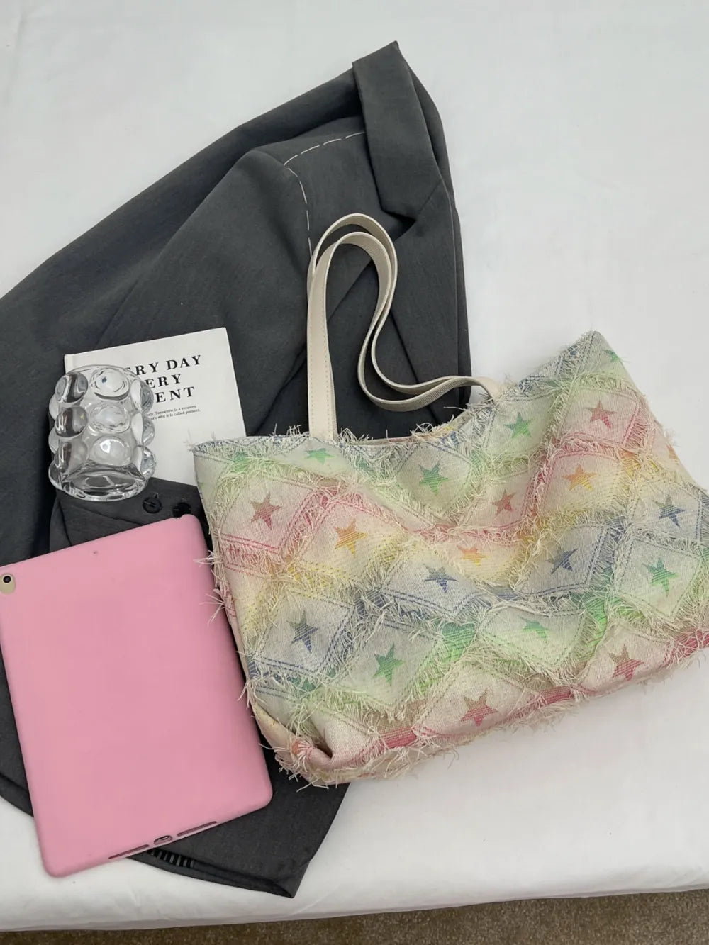 Raw Hem Rainbow Color Tote Bag